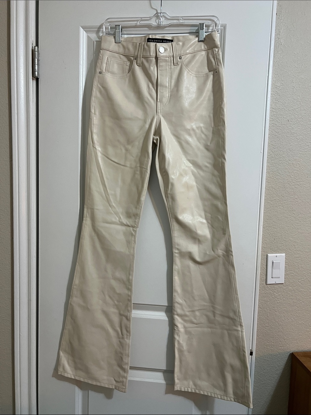 Veronica Beard Cream High-Rise Faux-Leather Flare Pants